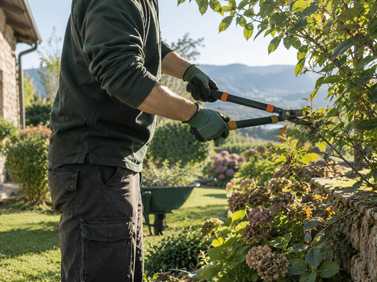 Jardinero podando un arbusto con tijeras de podar