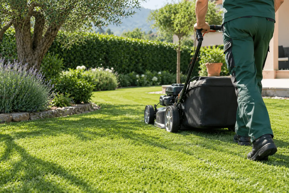 Jardinero cortando el césped con un cortacésped en un jardín cuidado